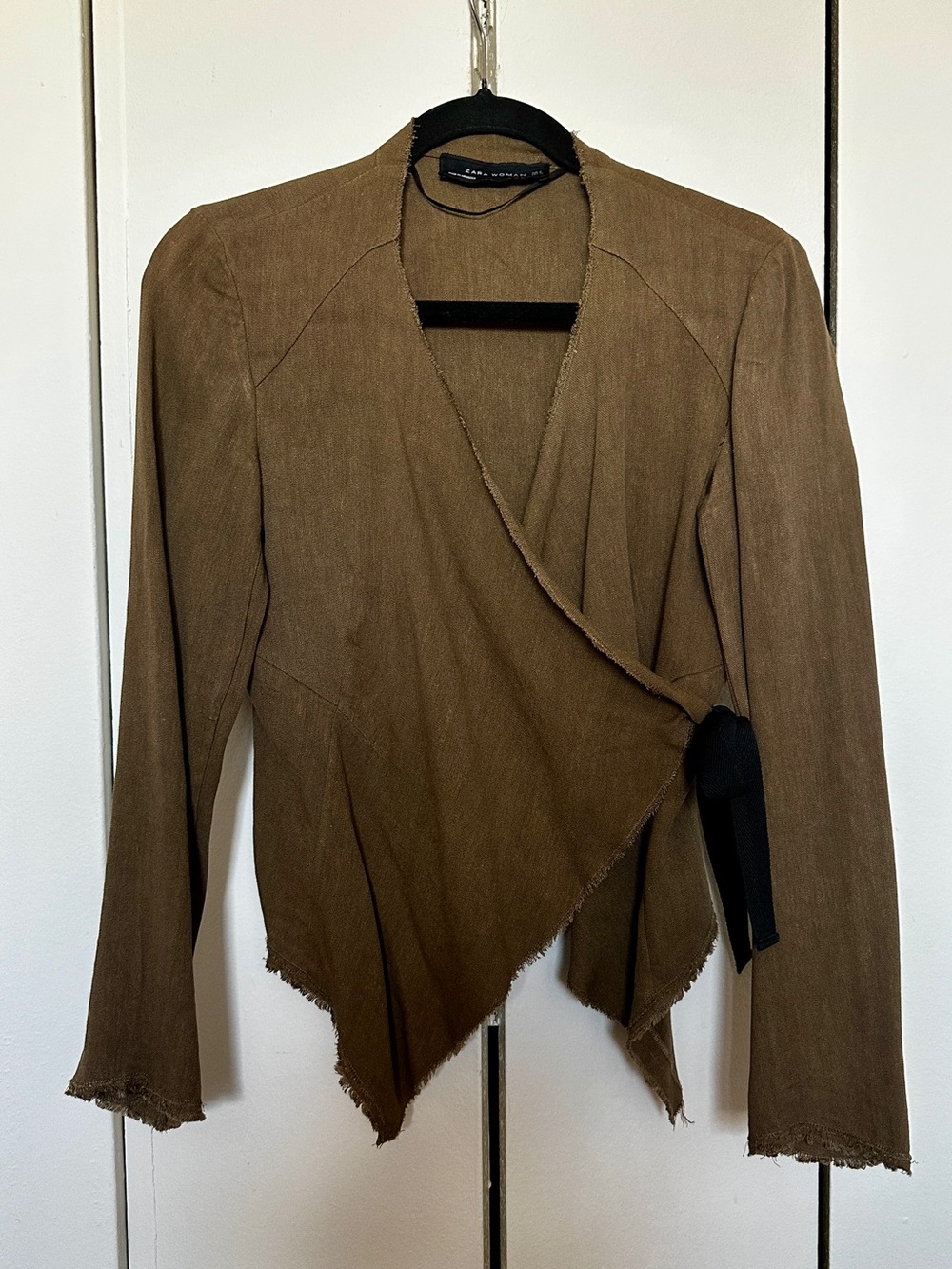 ZARA Linen Blend Brown Asymmetric Wrap Blazer Jacket S Lagenlook Layering Fall